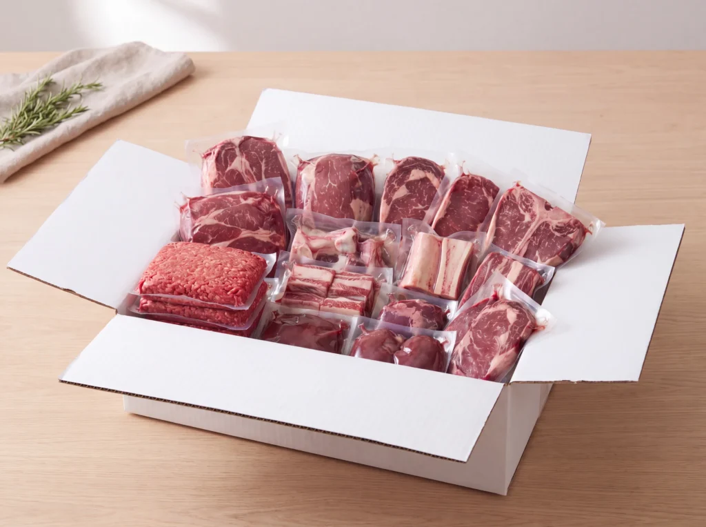 A bulk beef package from Pure Valley Farms — steaks, roasts, short ribs and ground beef, cut, wrapped and vacuum sealed for the freezer