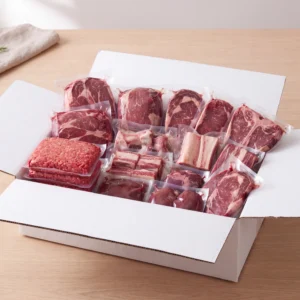 A bulk beef package from Pure Valley Farms — steaks, roasts, short ribs and ground beef, cut, wrapped and vacuum sealed for the freezer