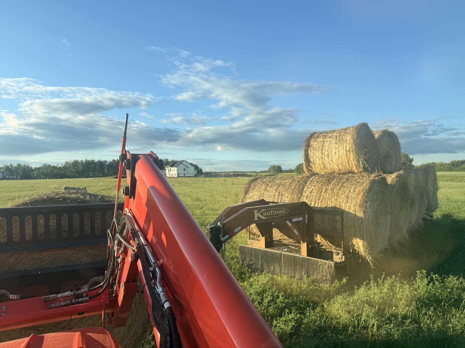 A loader moving round green feed bales, a mix of fall rye and clover, off the field for winter storage, farmhouse in the background